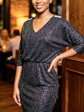 Enfocus Studio Sparkle Midi Dress Black & Silver Size 6